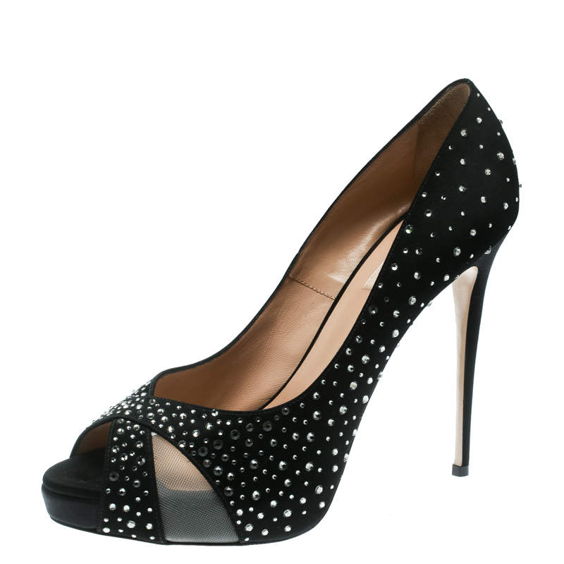 Pre Owned Valentino Black Crystal Embellished Satin Peep Toe Platform Pumps Size 41