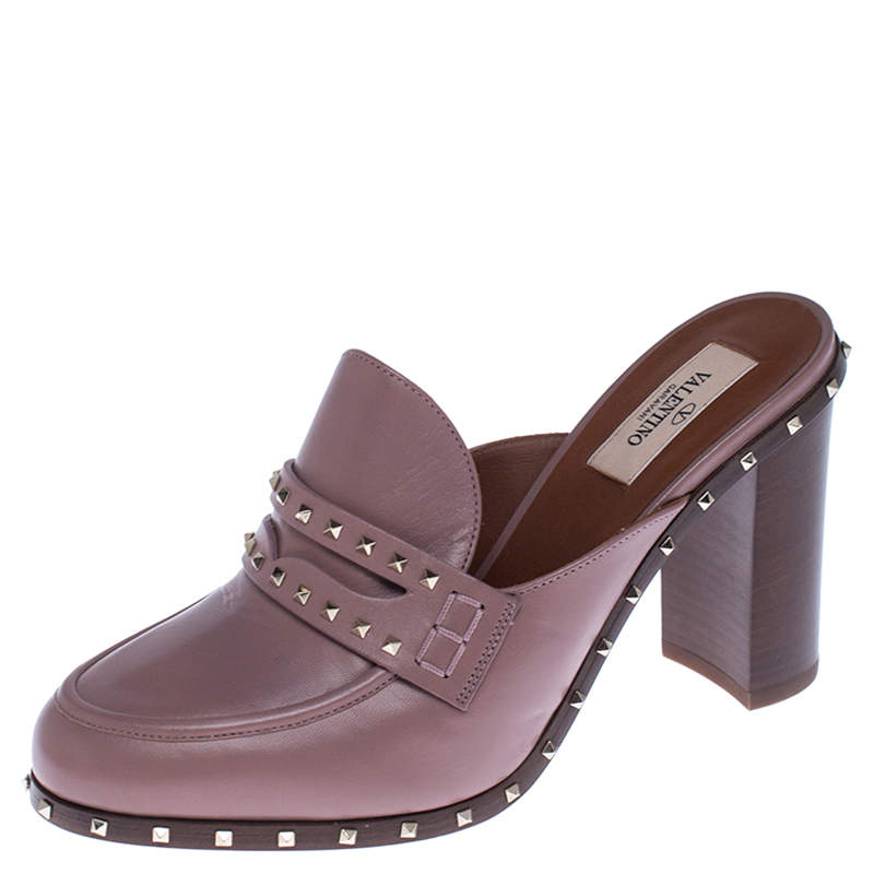 Pre Owned Valentino Pale Pink Leather Rockstud Penny Loafer Mules Size 38