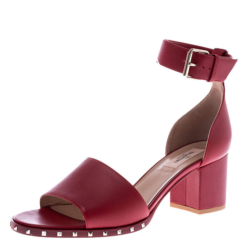 Pre Owned Valentino Red Leather Rockstud Ankle Cuff Sandals Size 39.5