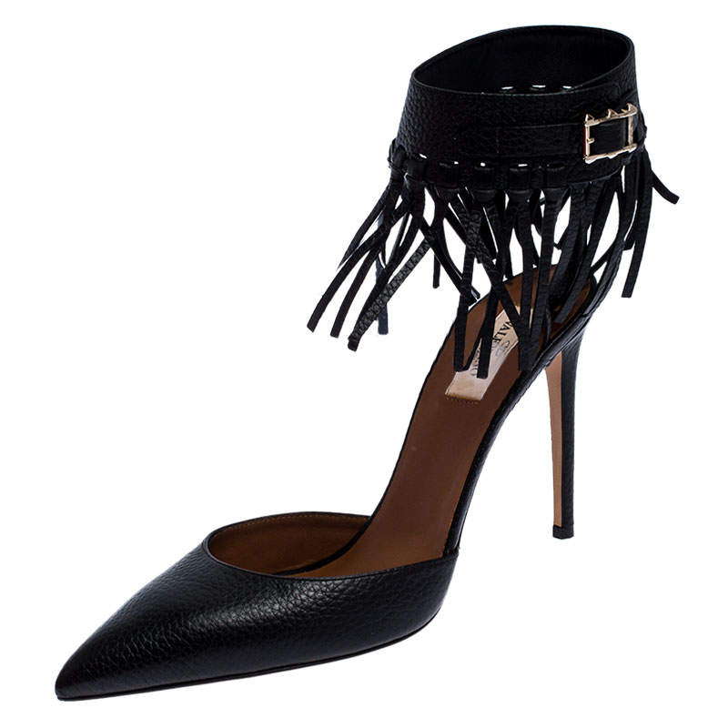 Pre Owned Valentino Black Leather C-Rockee Fringe Ankle Strap Sandals Size 40