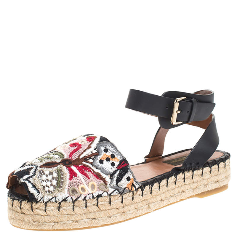 Pre Owned Valentino Multcolor Camubutterfly Lace And Leather Platform Espadrilles Size 38