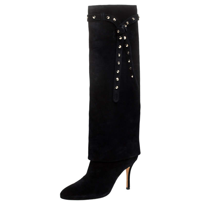 Pre Owned Valentino Black Suede Rockstud Tie Foldover Knee Length Boots Size 37