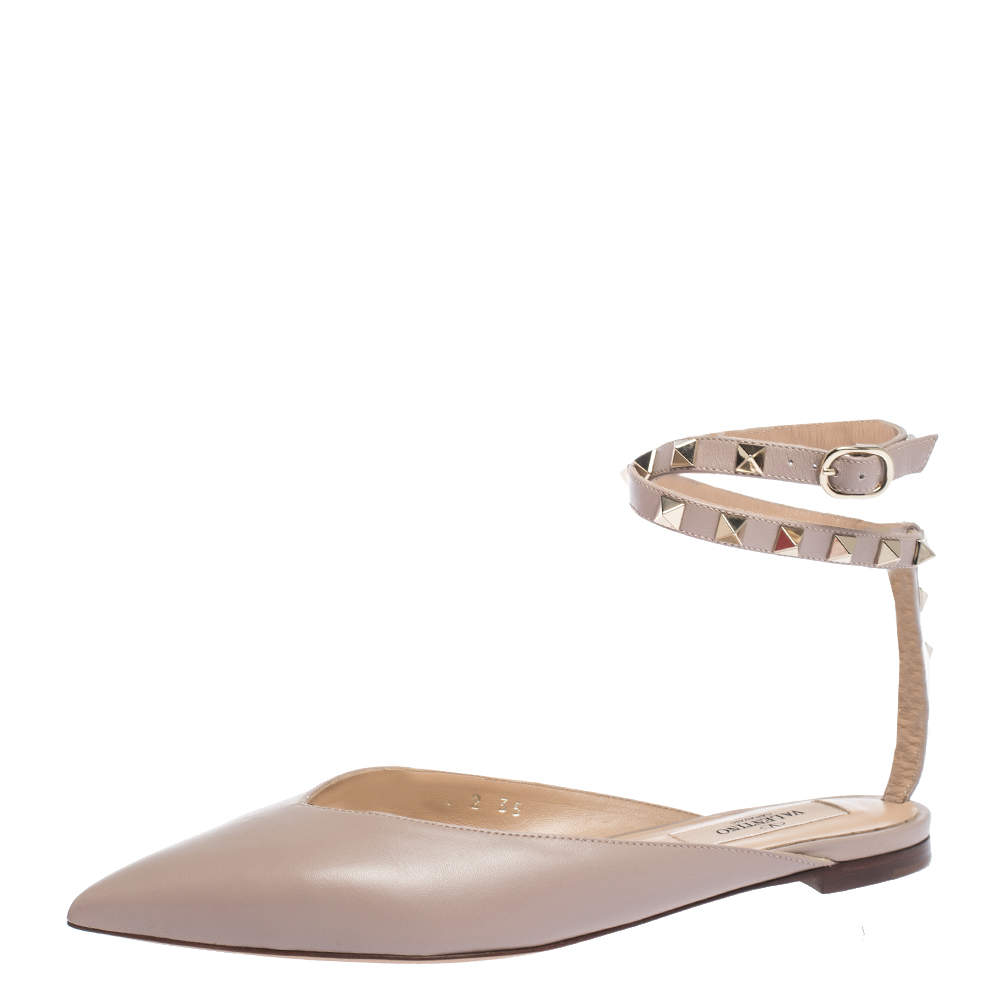 Pre Owned Valentino Poudre Leather Rockstud Ankle Wrap Ballet Flats Size 35