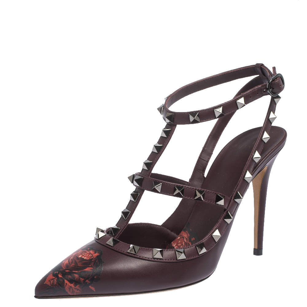 Pre Owned Valentino Rubin Rose by Undercover Print Leather Rockstud Strappy Sandals Size 39