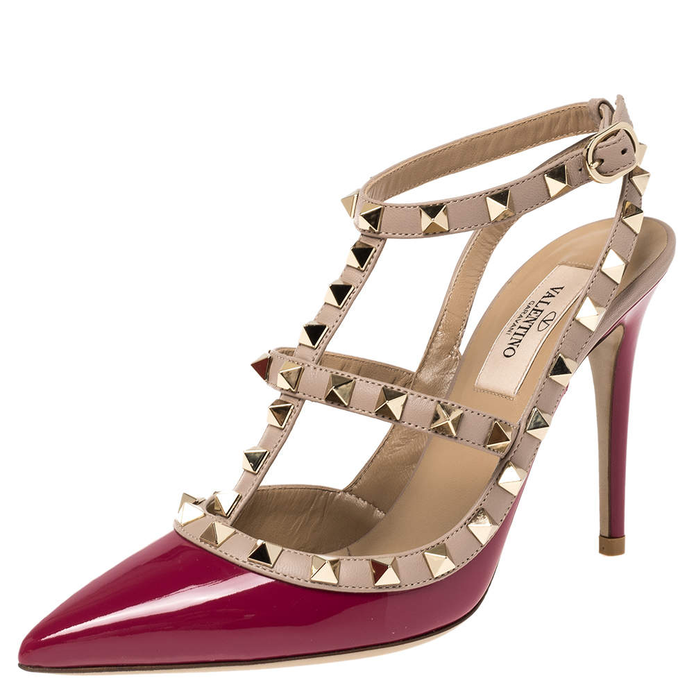 Valentino Raspberry Pink Patent Leather Rockstud Embellished Pointed Toe Sandals Size 36