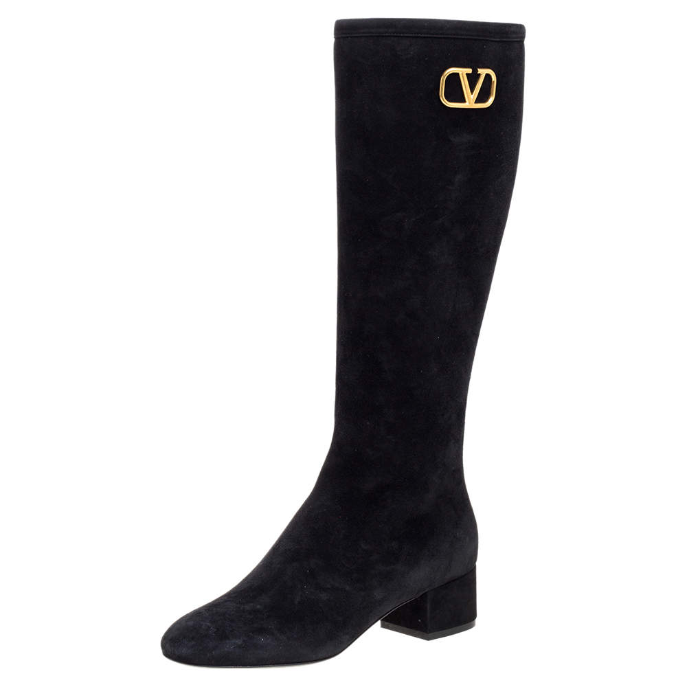 Valentino Black Suede Vlogo Knee High Boots Size 40