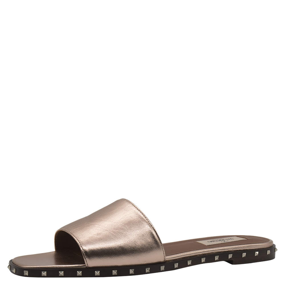 Valentino Metallic Bronze Leather Flat Slides Size 38
