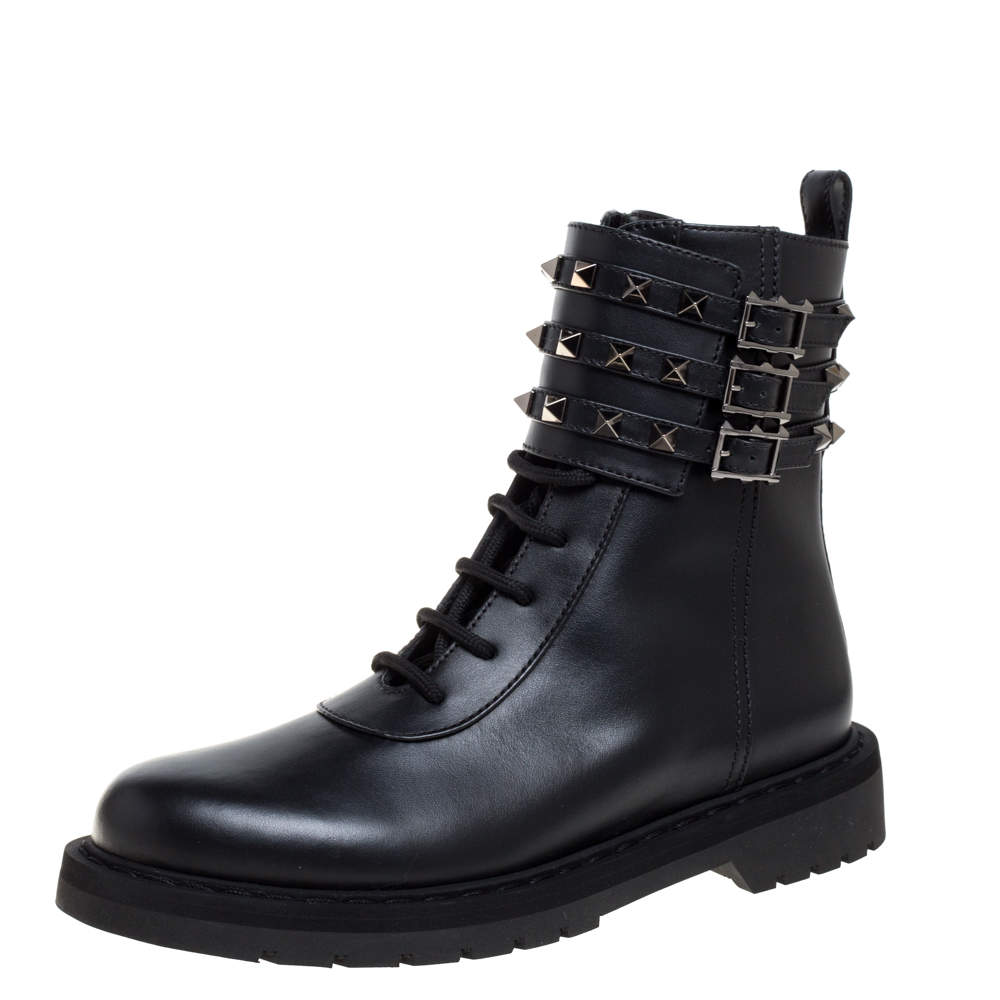 Valentino Black Leather Rockstud Combat Boots Size 37.5