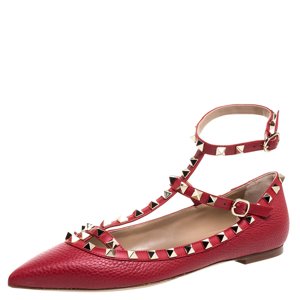 Pre Owned Valentino Red Leather Rockstud Embellished Ankle Strap Pointed Toe Ballet Flats Size 38.5