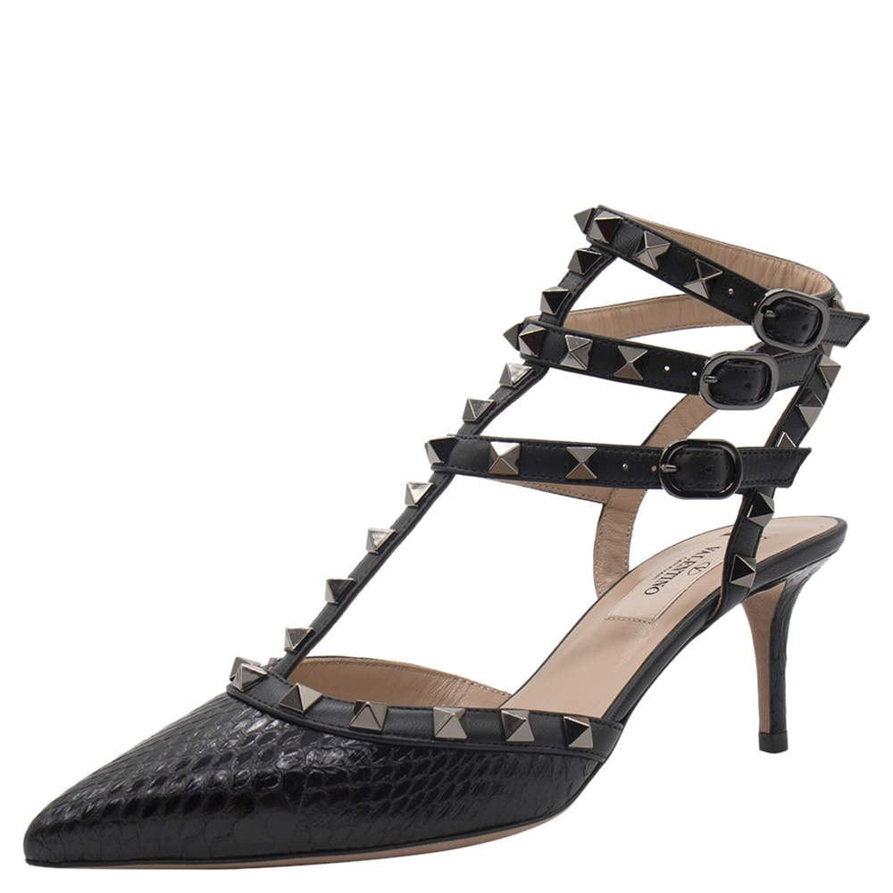 Valentino Black Snakeskin Leather Rockstud Embellished Pointed Toe Sandals Size 37
