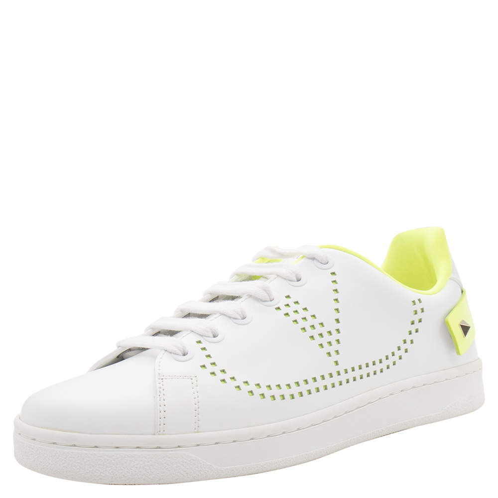 Valentino White/Florescent Green V-Logo Leather Sneakers Size 38.5