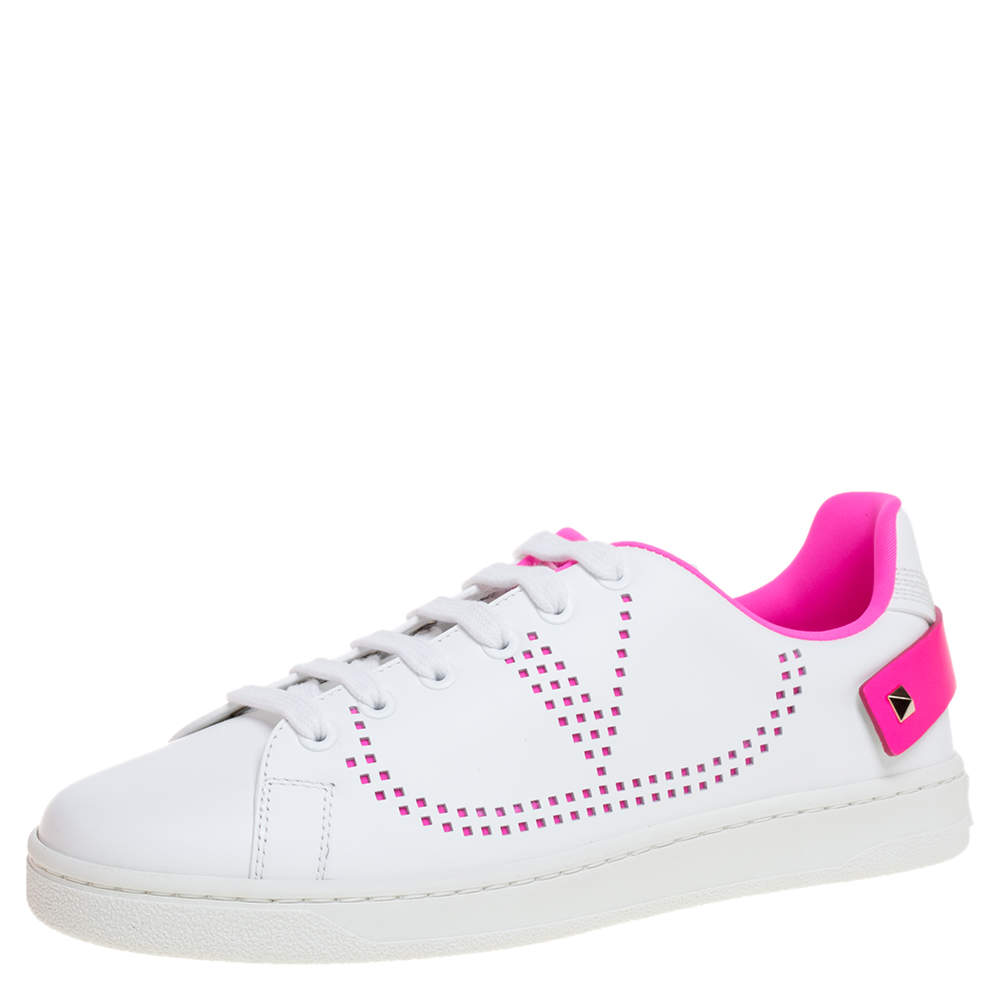 Pre Owned Valentino White/ Florescent Pink Leather V-Logo Sneakers Size 38