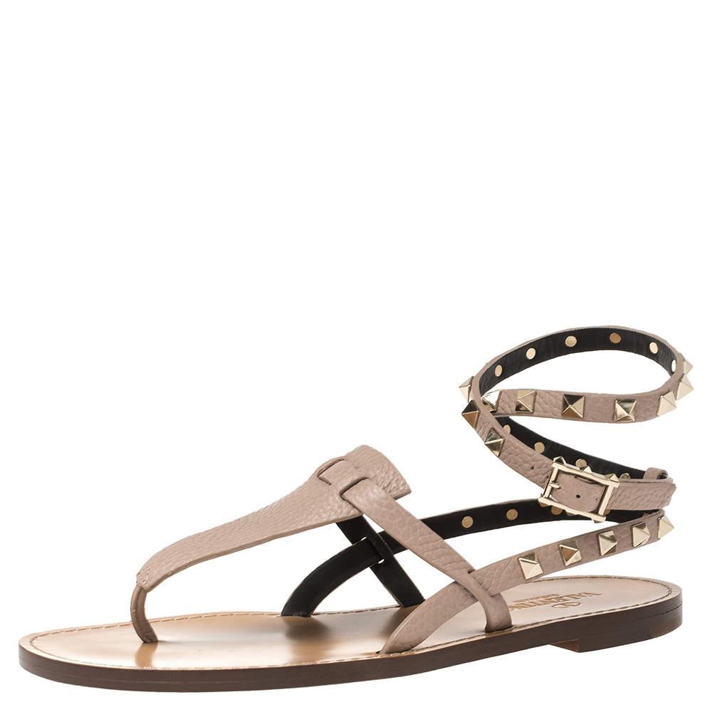 Pre Owned Valentino Beige Leather Rockstud Embellished Ankle Wrap Flat Thong Sandals Size 38