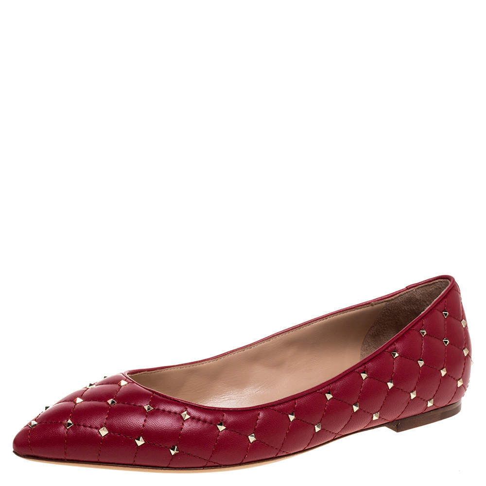 Valentino Red Quilted Leather Rockstud Spike Pointed Toe Ballet Flats Size 39