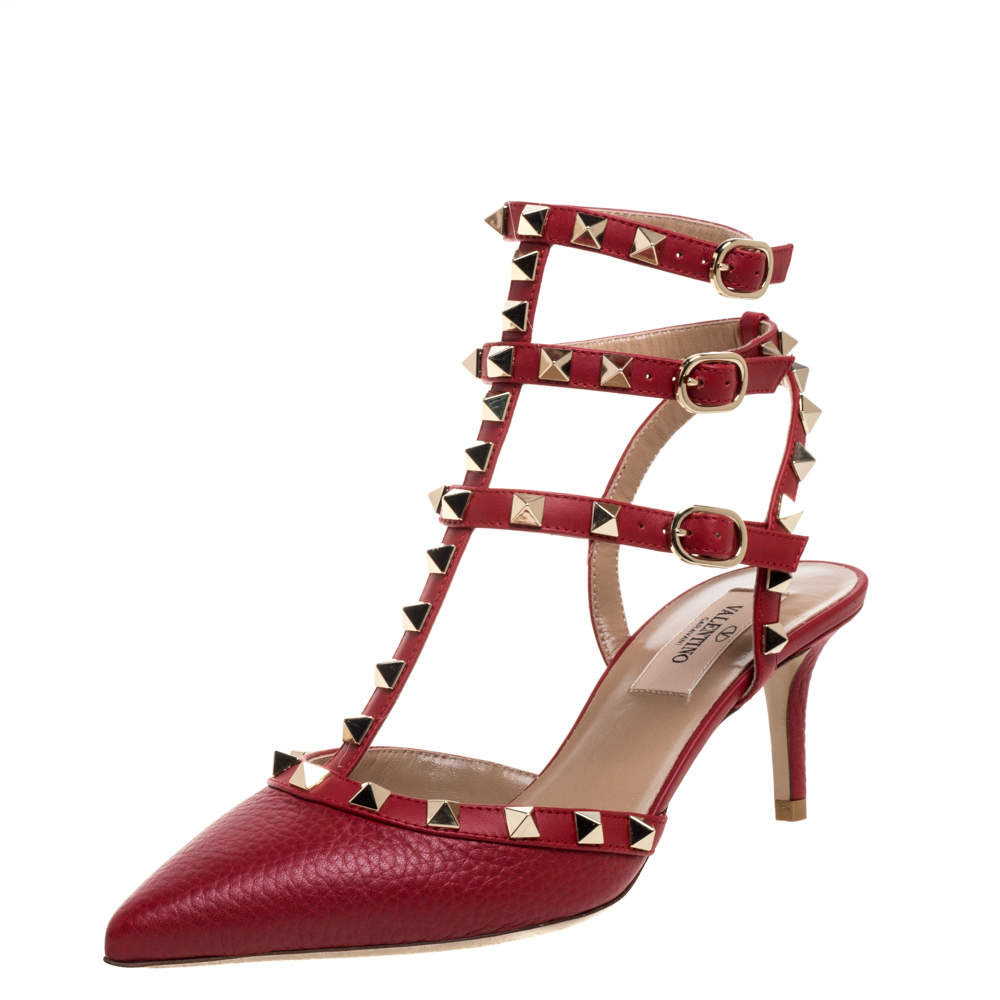 Valentino Red Leather Rockstud Embellished Pointed Toe Ankle Strap Sandals Size 36.5