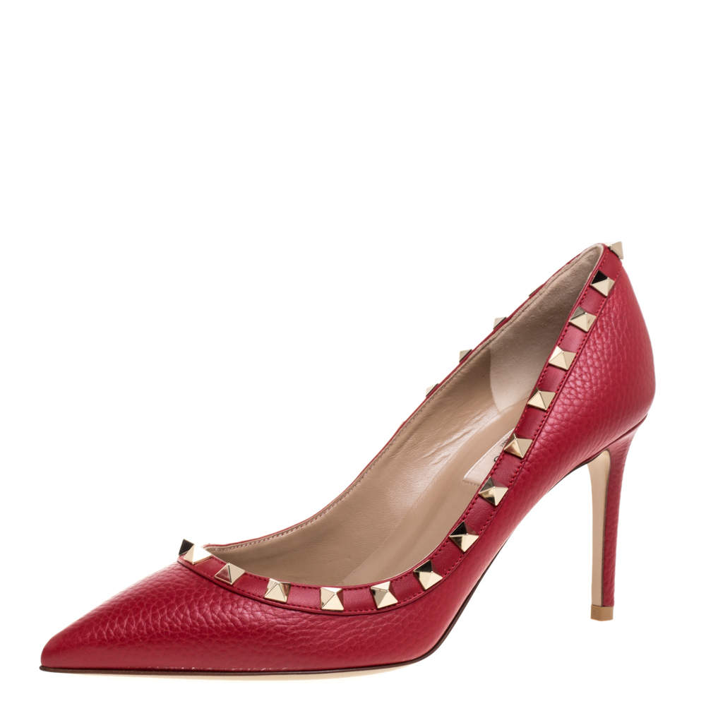 Pre Owned Valentino Red Leather Rockstud Embellished Pointed Toe Pumps Size 36.5