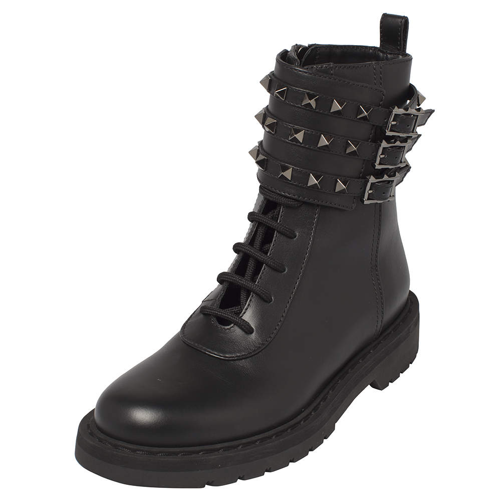 Valentino Black Leather Rockstud Combat Boots Size 37