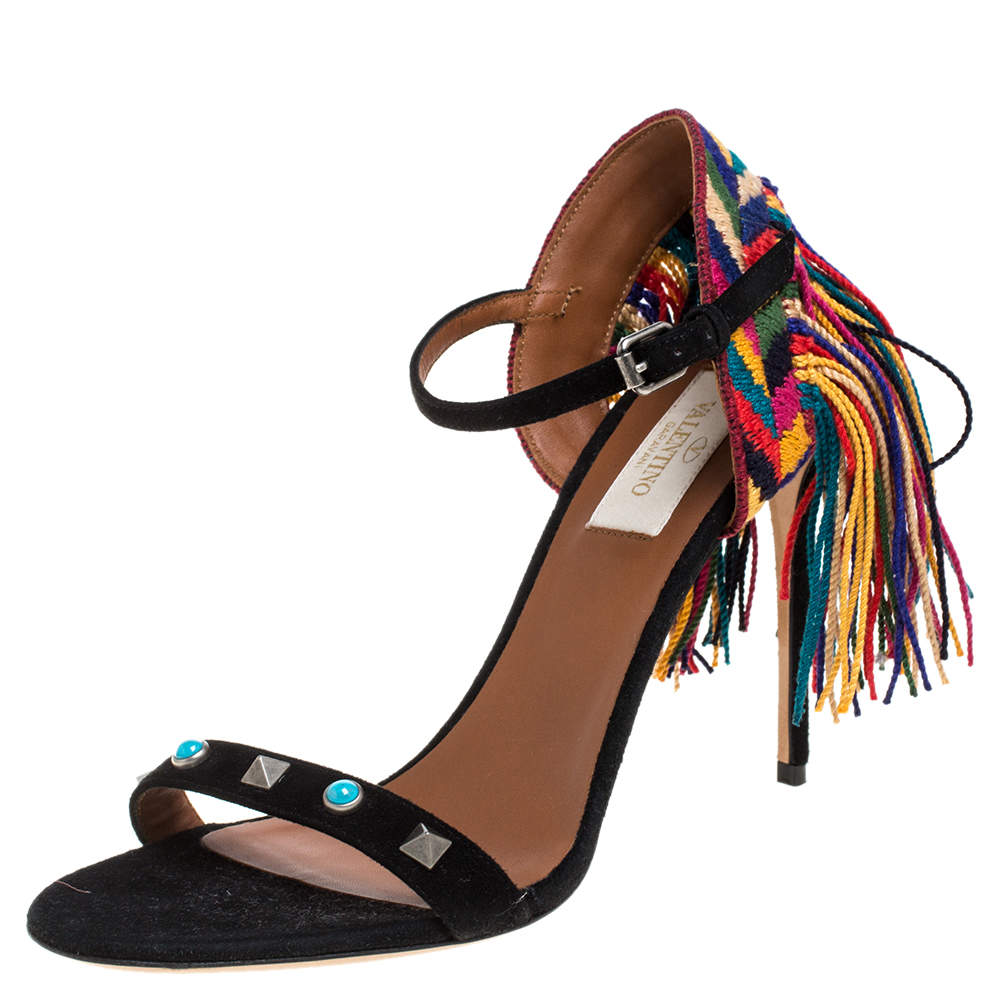 Pre Owned صندل فالنتينو سويدي أسود روكستد رولنغ متعدد الألوان بشراشيب مقاس 47