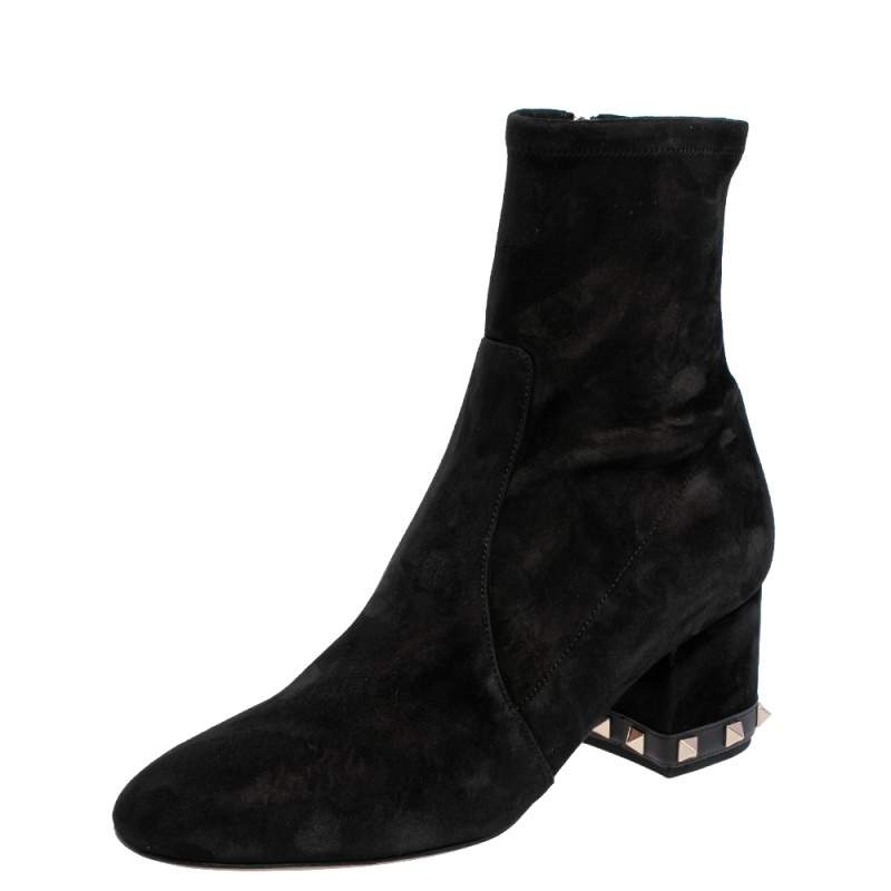 Valentino Black Suede Rockstud Trim Heel Ankle Boots Size 38