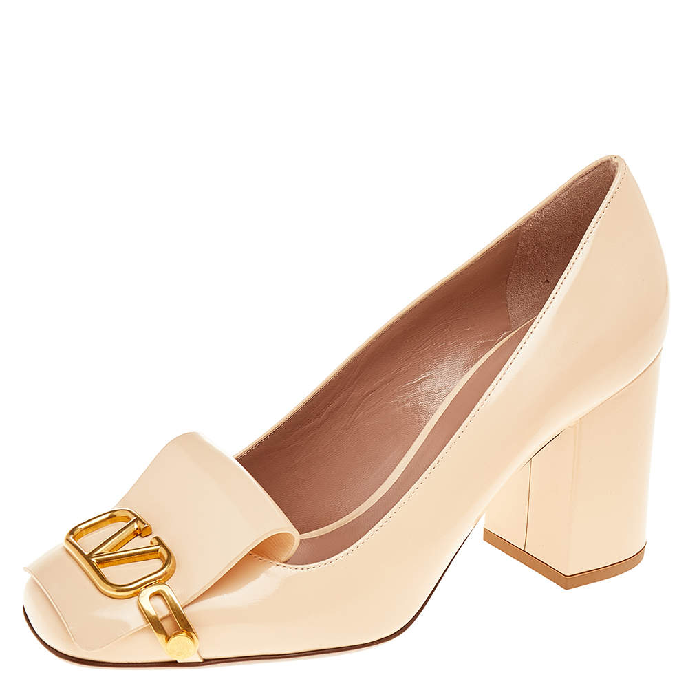 Pre Owned Valentino Beige Leather VLogo Club Block Pumps Size EU 37