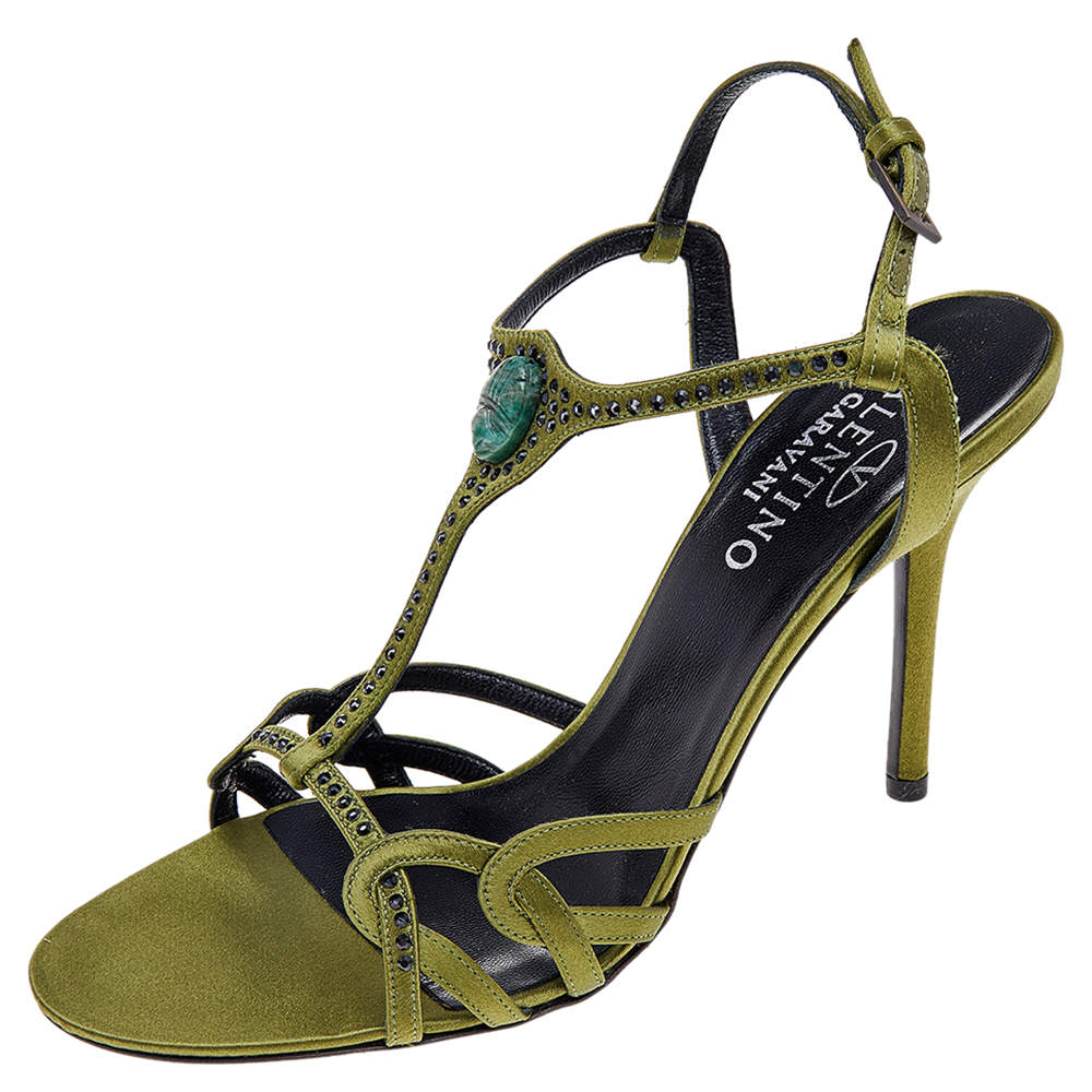 مملوكة مسبقًا Valentino Vintage Olive Green Satin Embellished Ankle Strap Sandals Size 38