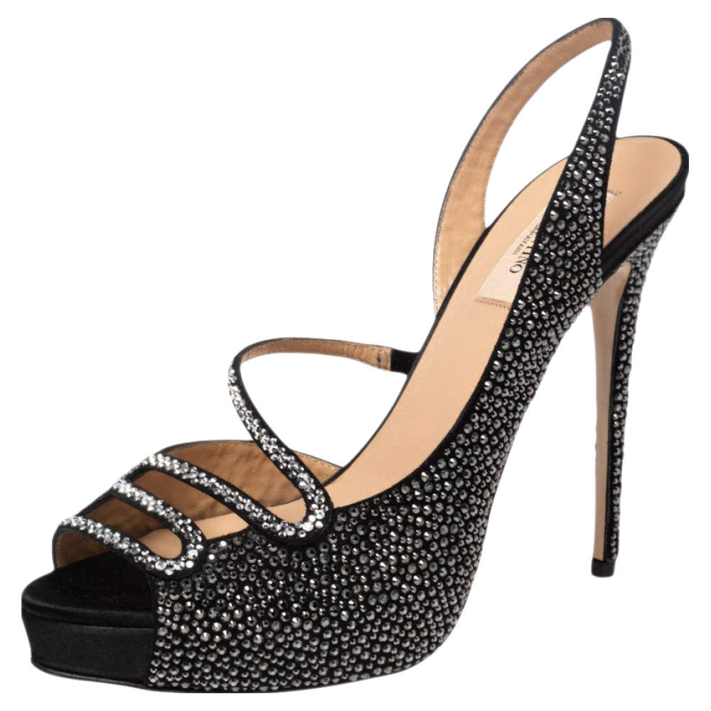 Valentino Black Satin Crystal Embellished Slingback Platform Sandals Size 40