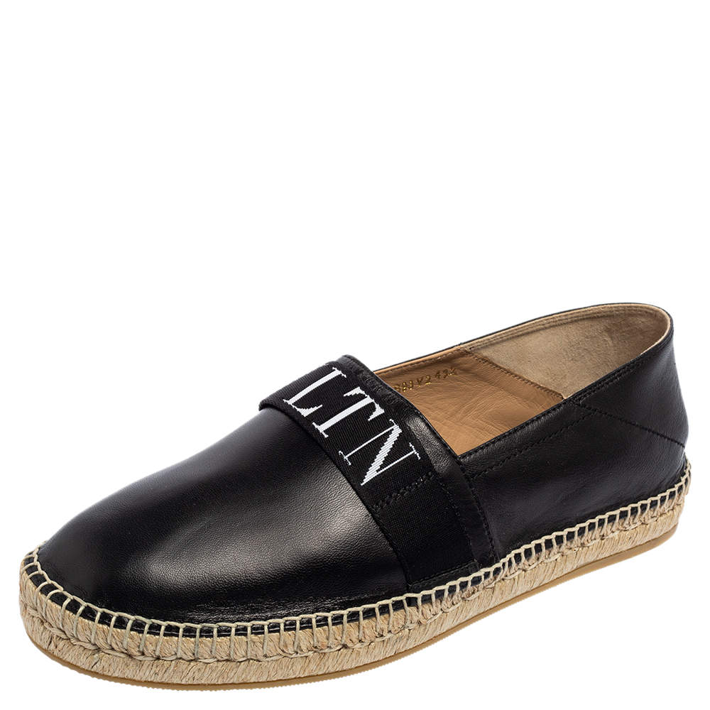 Pre Owned Valentino Black Leather VLTN Slip On Espadrille Flats Size EU 43.5