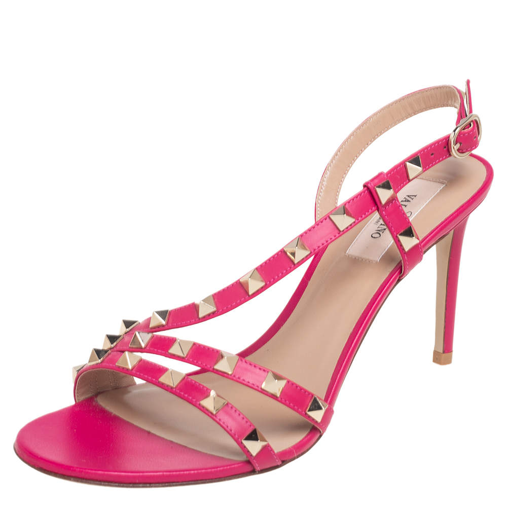 مملوكة مسبقًا صندل فالنتينو فتحة كعب مرصع جلد وردي مقاس 38