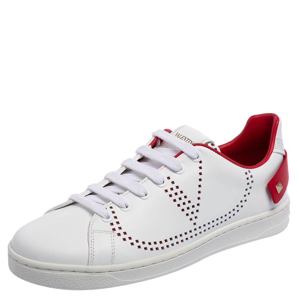 Pre Owned Valentino White Perforated Leather Backnet Rockstud Low Top Sneakers Size 37