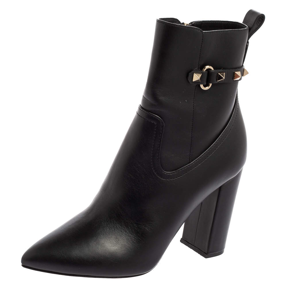 Pre Owned Valentino Black Leather Rockstud Ankle Booties Size 37