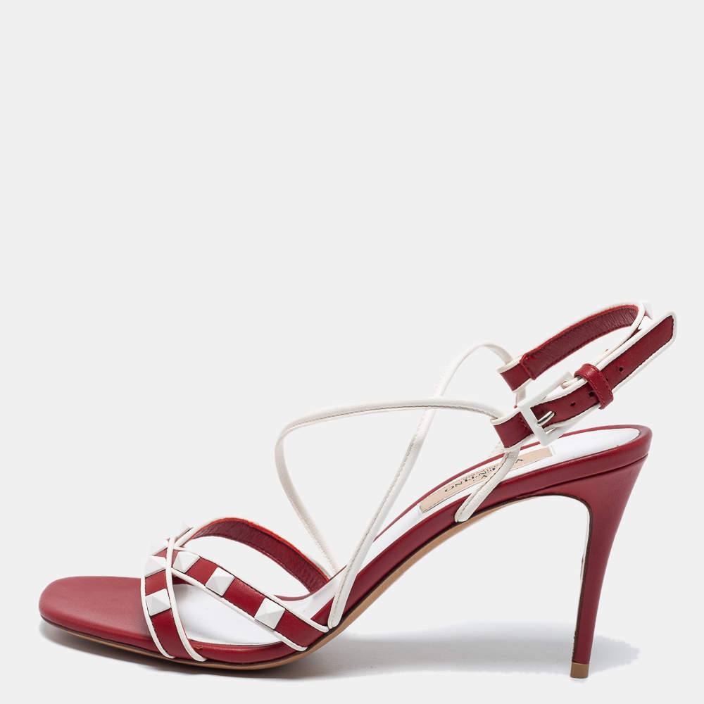 Valentino Red/White Leather Rockstud Ankle Strap Sandals Size 36.5 Valentino TLC