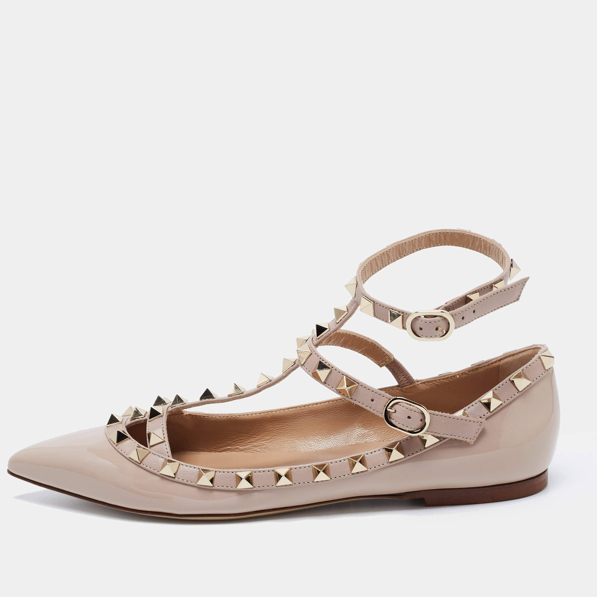 Pre Owned Valentino Beige Patent Leather Rockstud Ankle Strap Flats Size 38