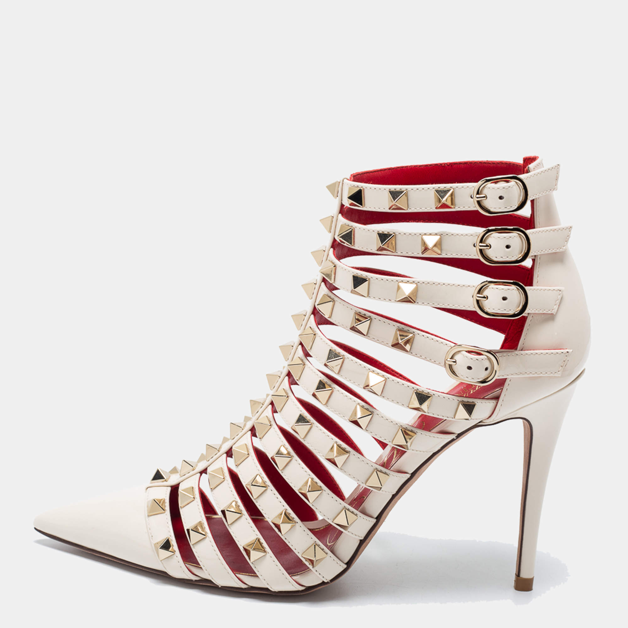 Pre Owned Valentino White Patent Leather Rockstud Caged Ankle Length Booties Size 37