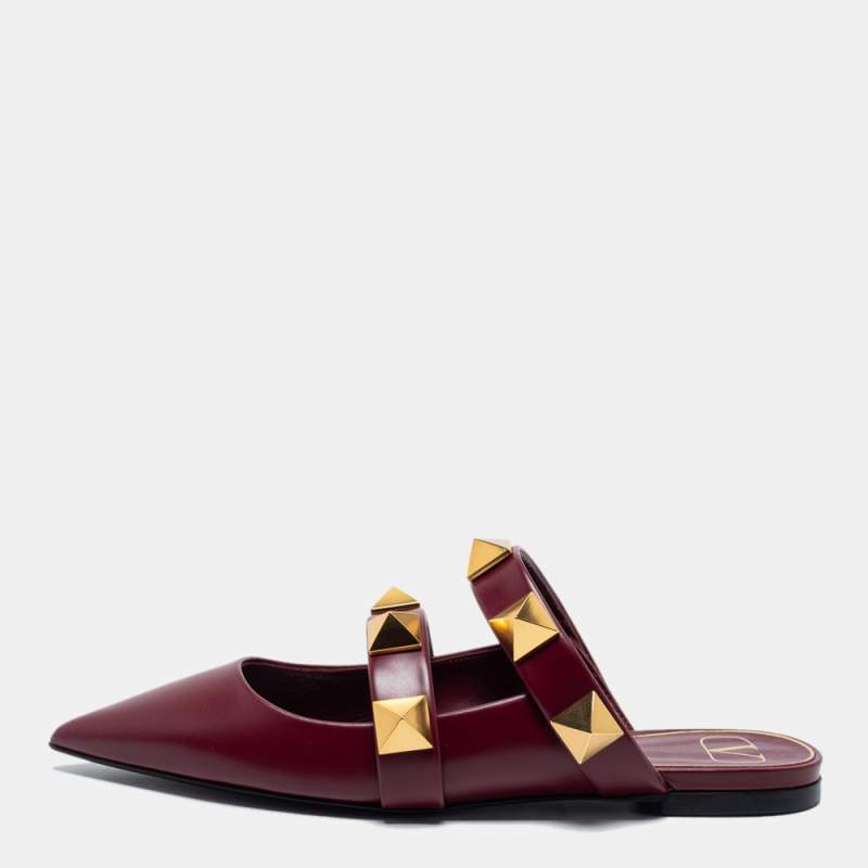 Pre Owned Valentino Burgundy Leather Roman Stud Flat Mules Size 38