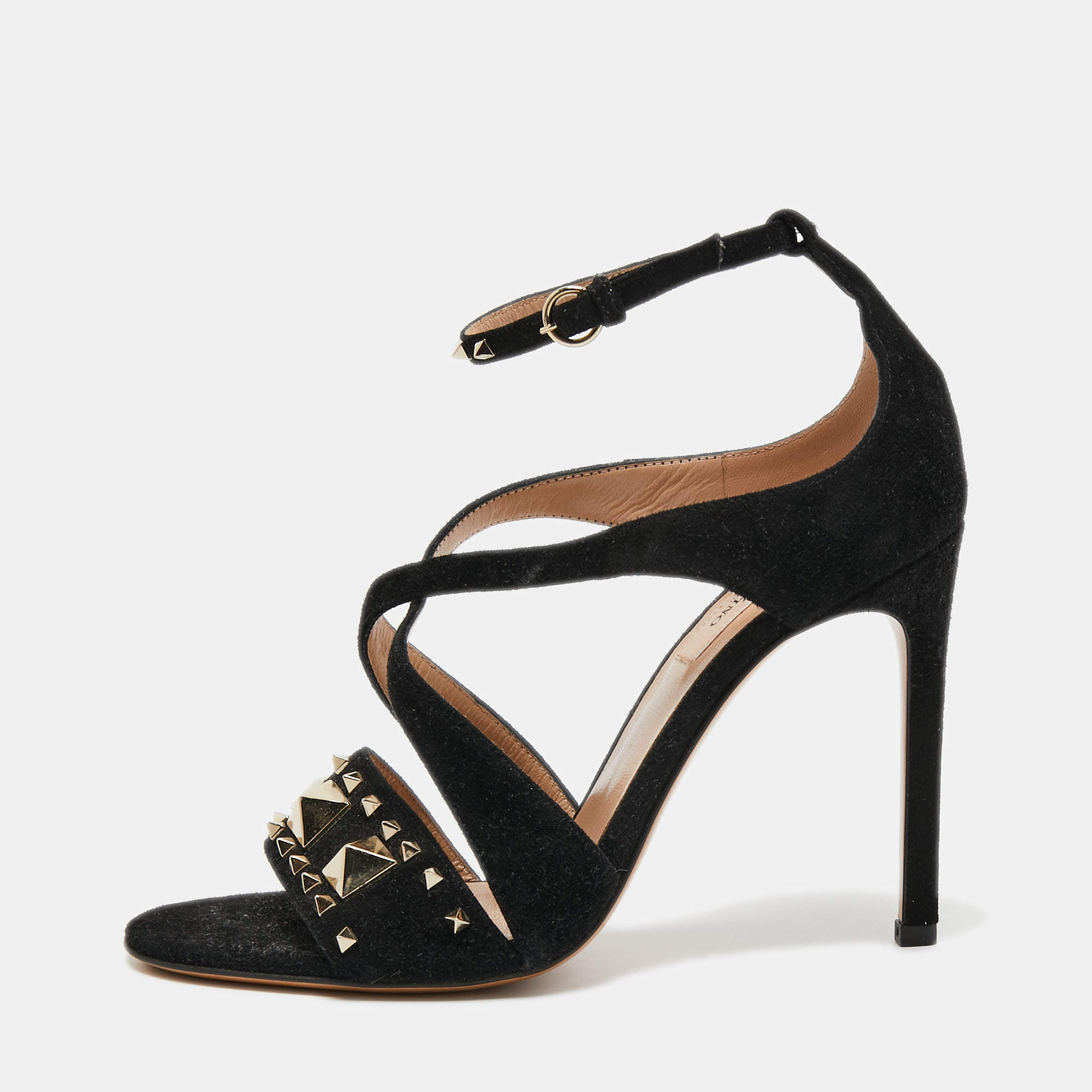 Pre Owned Valentino Black Suede Rockstud Ankle Strap Sandals Size 36