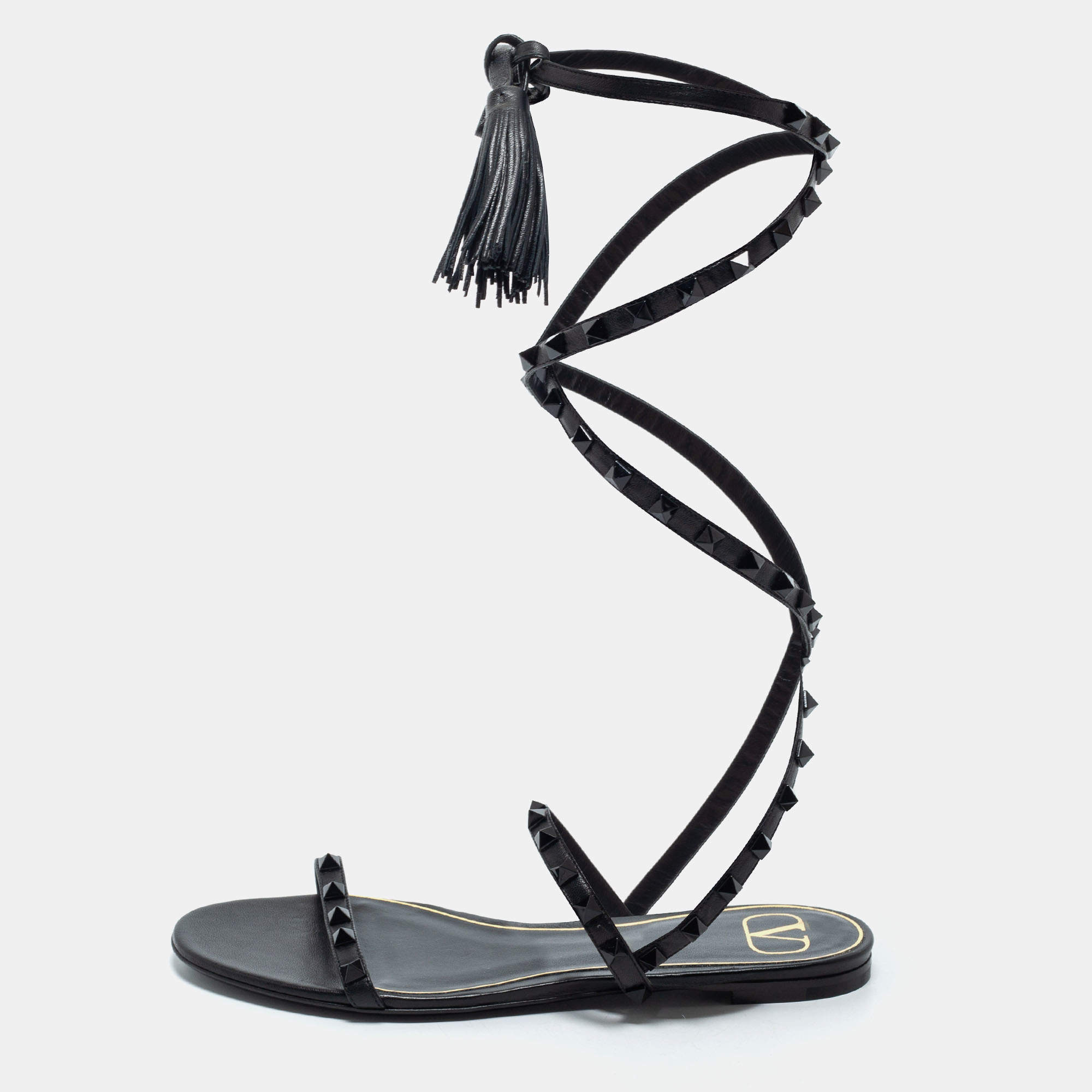 Pre Owned Valentino Black Leather Rockstud Ankle Tie Flat Sandals Size 38