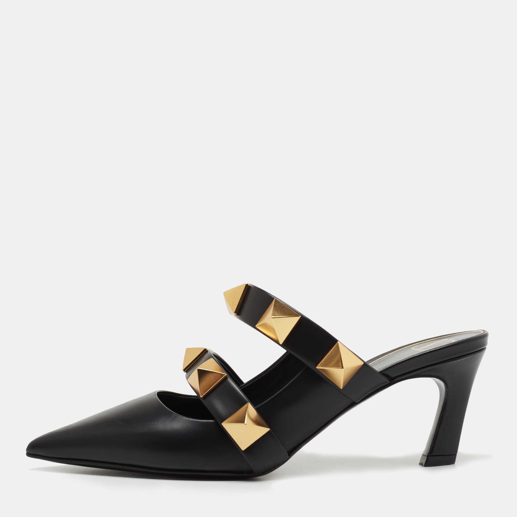 Pre Owned Valentino Black Leather Roman Stud Pointed Toe Mules Size 37.5