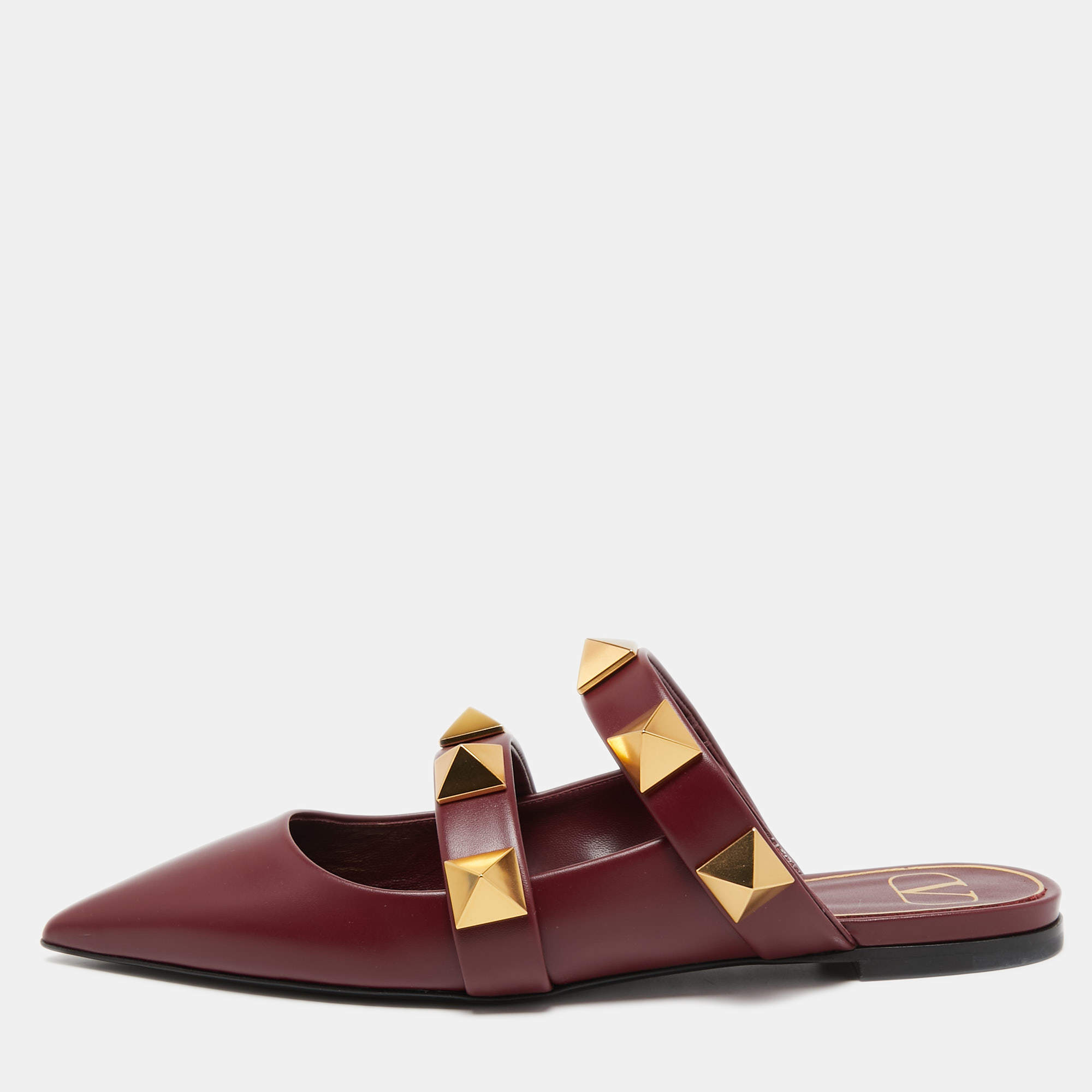 Pre Owned Valentino Burgundy Leather Roman Stud Flat Mules Size 37.5