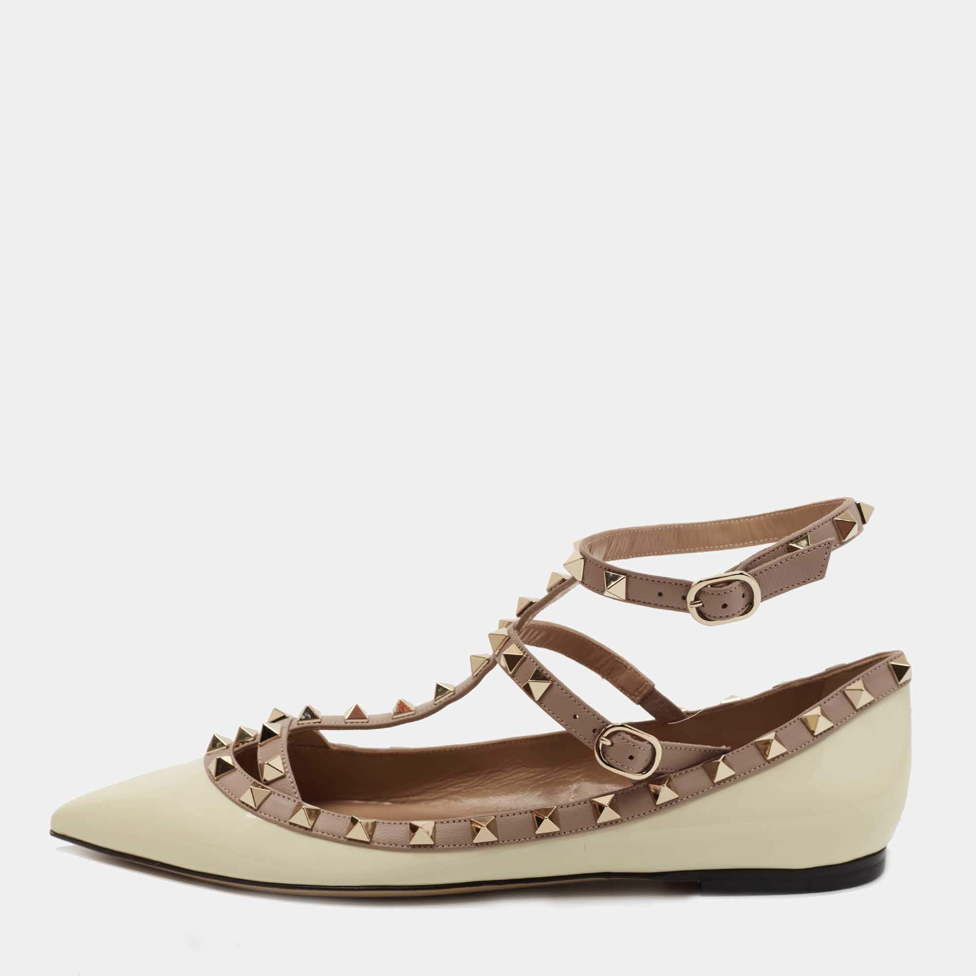 Pre Owned Valentino Cream/Pink Patent Leather and Leather Rockstud Double Ankle Strap Cage Ballerina Flats Size 40