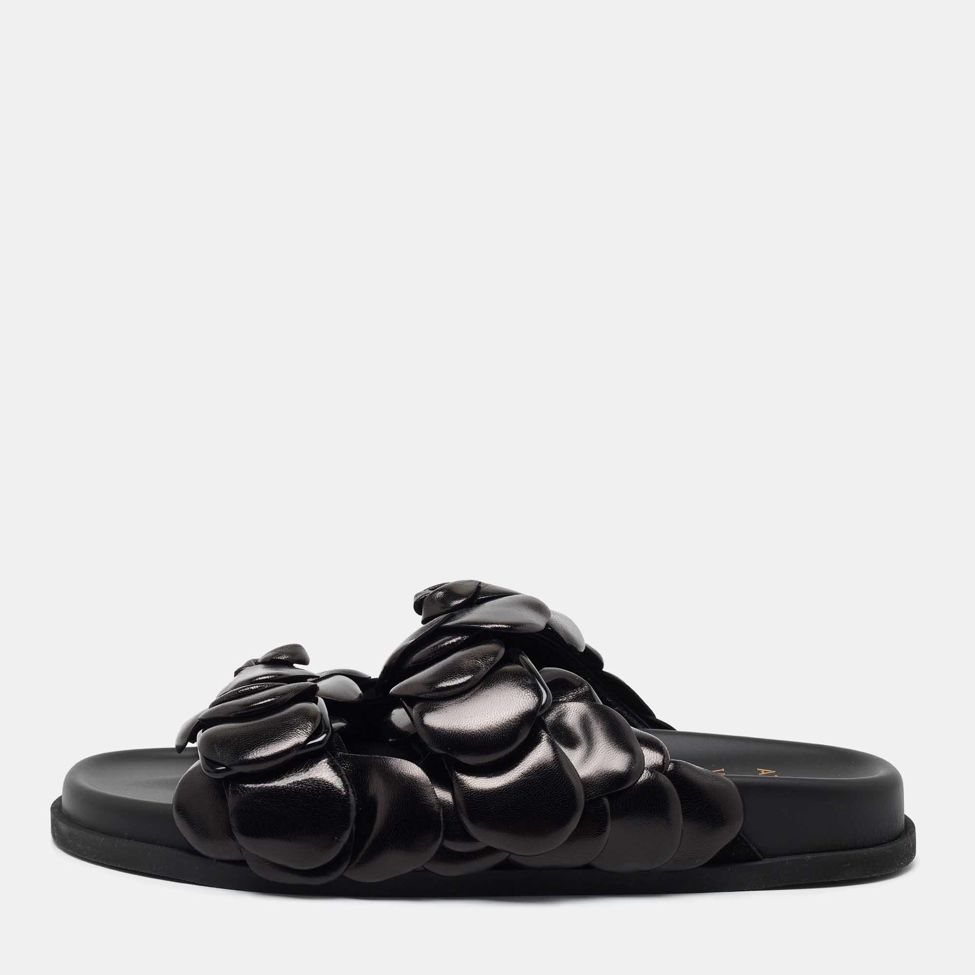 Pre Owned Valentino Black Leather Rose Atelier Fat Slides Size 38