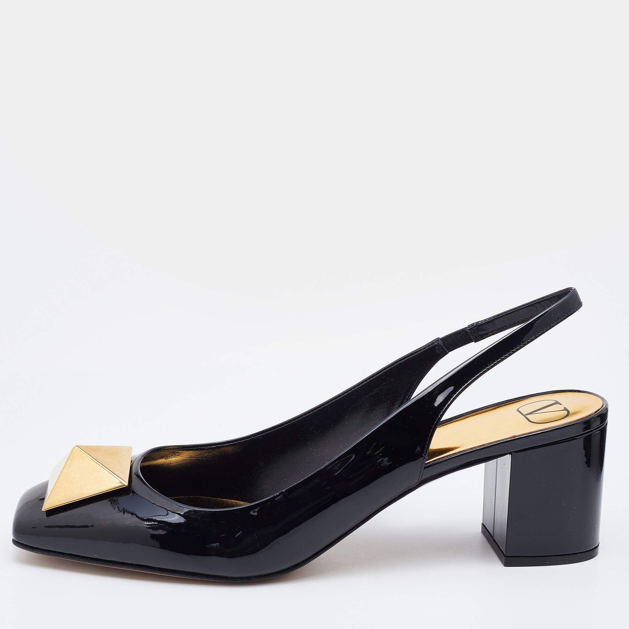 Pre Owned Valentino Black Patent Leather One Stud Block Heel Slingback Pumps Size 41.5