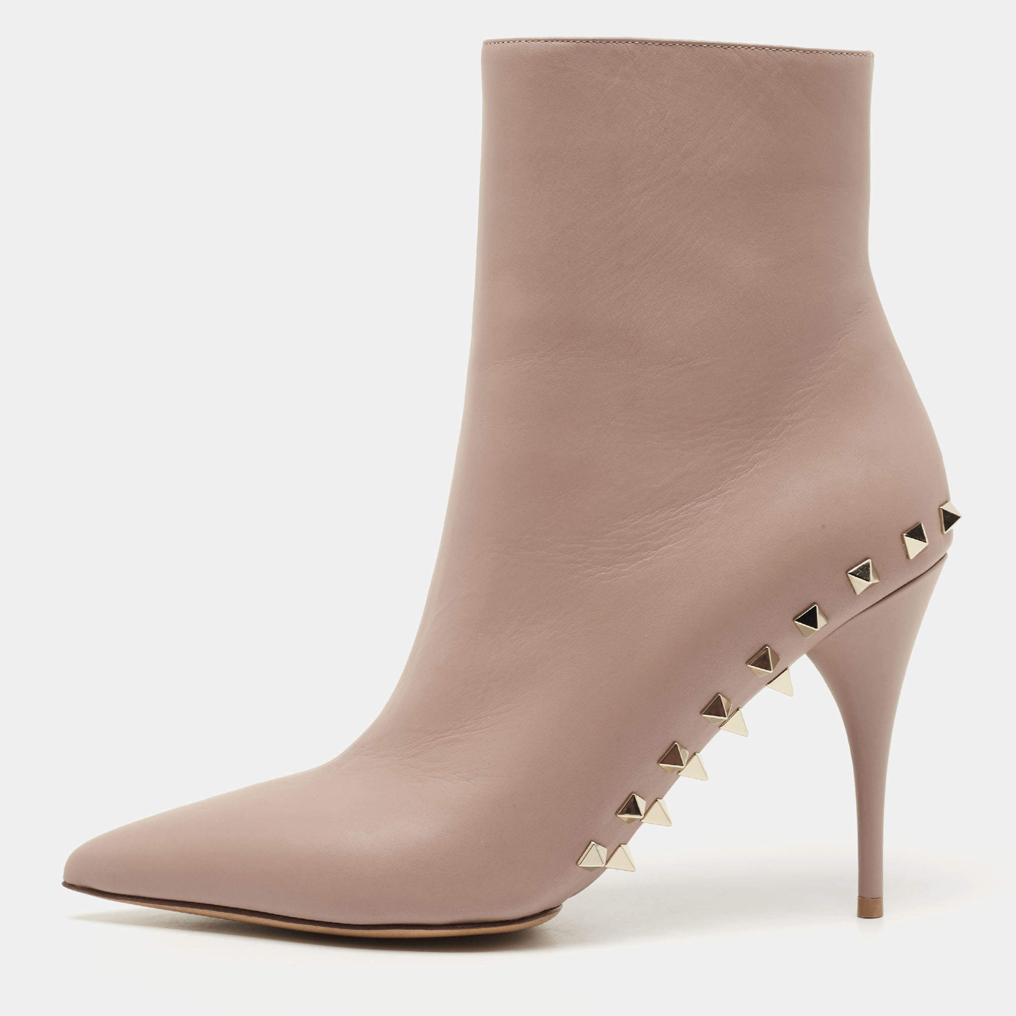 Pre Owned Valentino Beige Leather Rockstud Ankle Boots Size 39.5