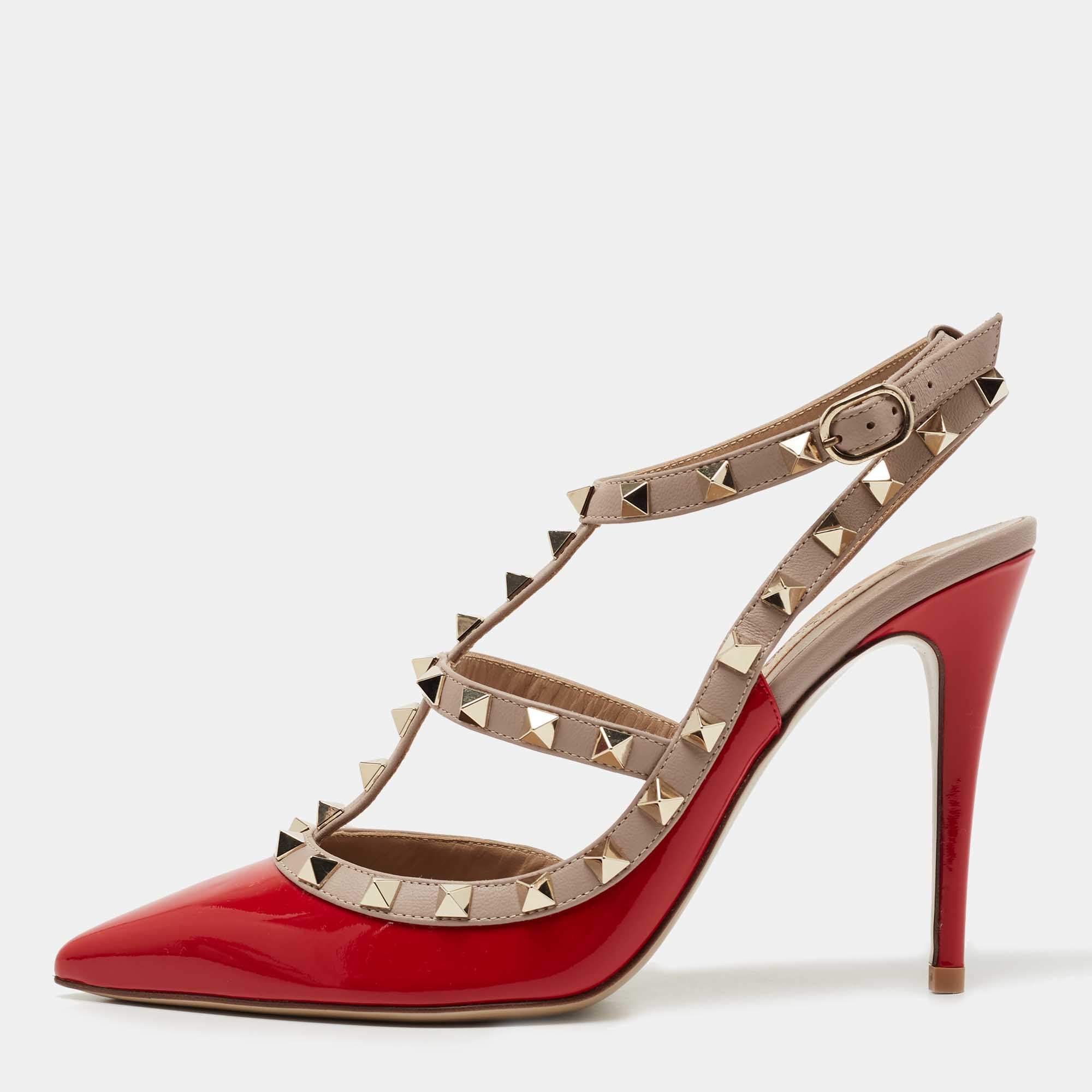 Pre Owned Valentino Red Patent Leather Rockstud Ankle Strap Pumps Size 38.5