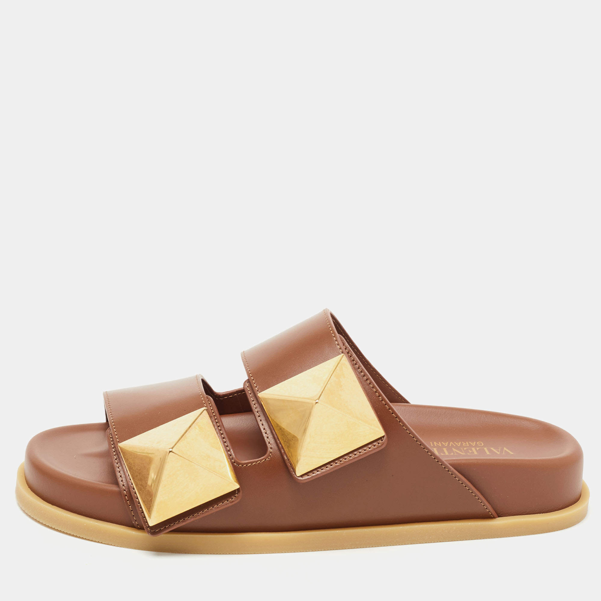 Pre Owned Valentino Brown Leather Roman Stud Flat Slides Size 36