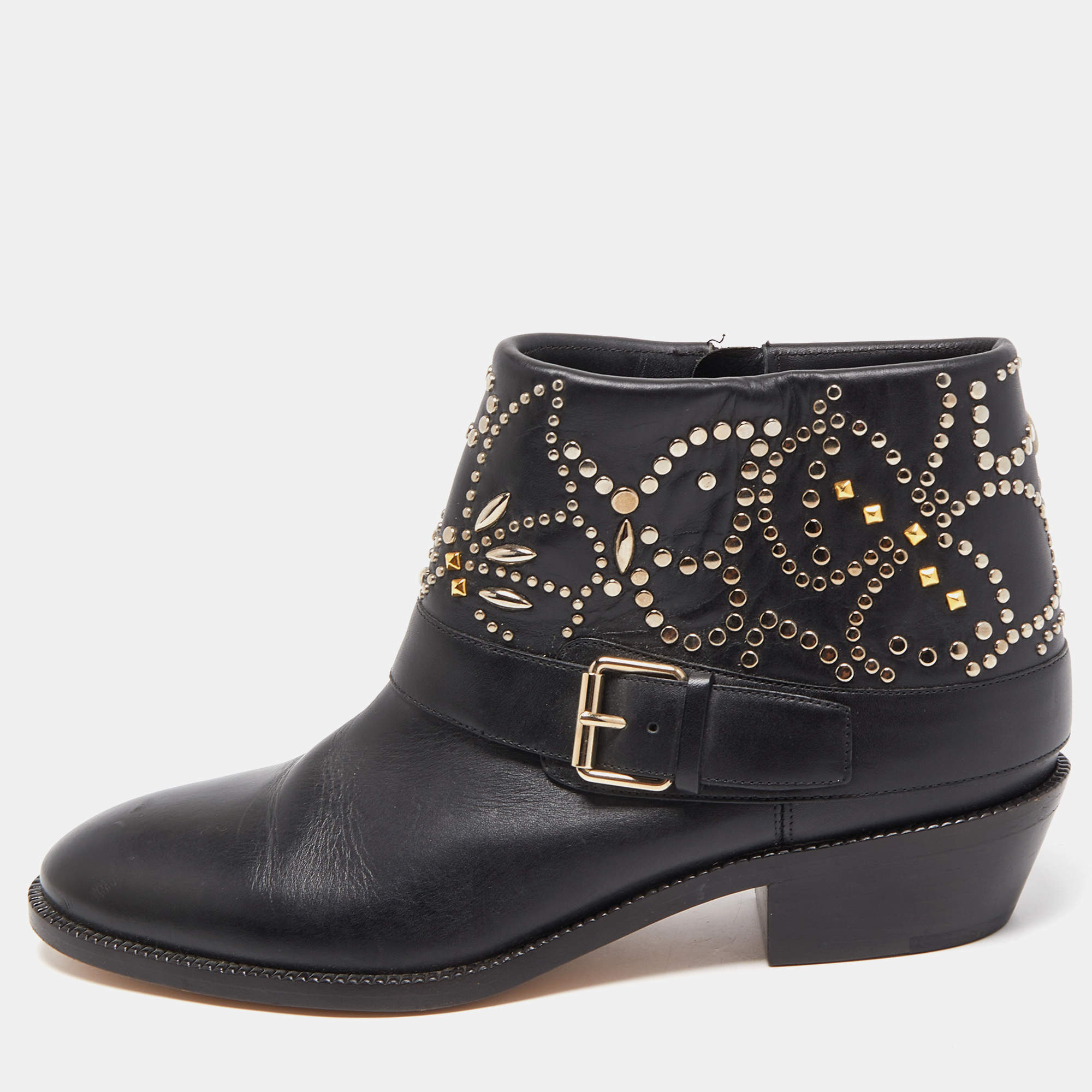 Pre Owned Valentino Black Leather Embellished Cowboy Ankle Boots Size 37.5