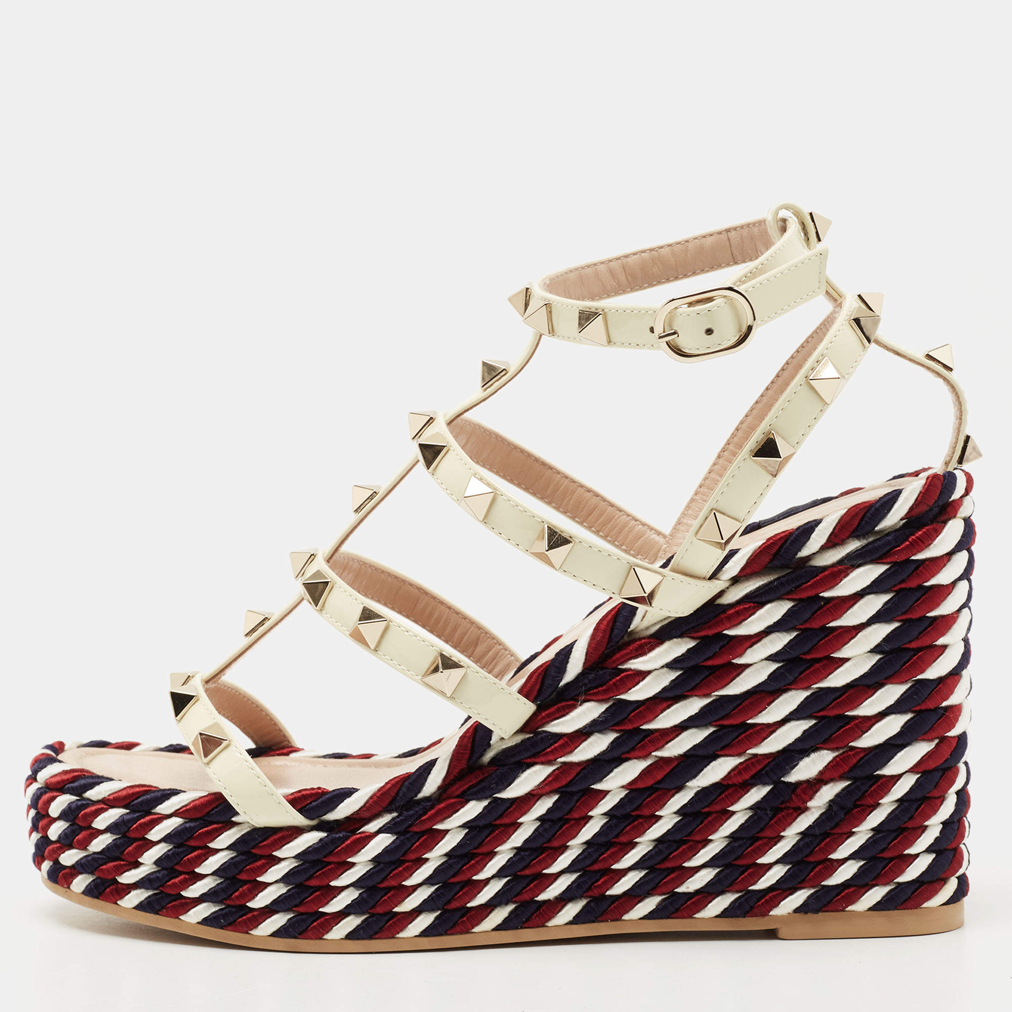 Pre Owned Valentino Cream Patent Leather Rockstud Wedge Sandals Size 36