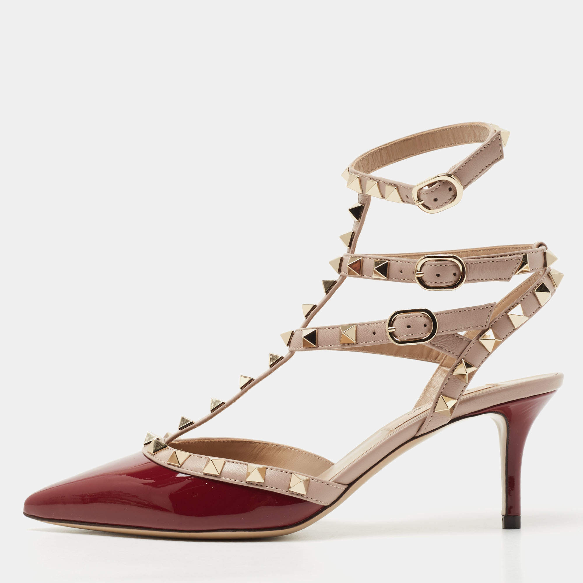 Pre Owned Valentino Burgundy Patent and  Leather Rockstud  Ankle Strap Pumps Size 36