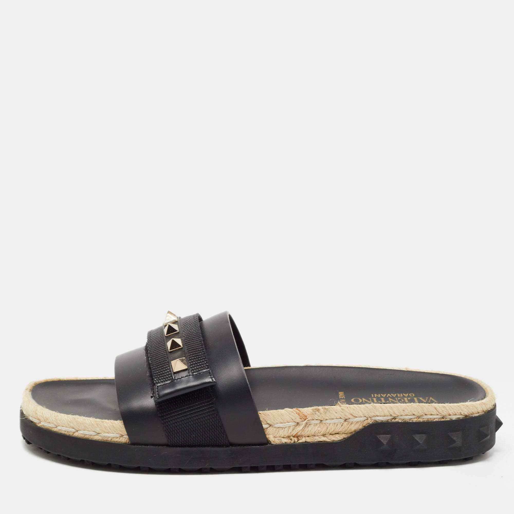 Pre Owned Valentino Black Leather Rockstud Espadrilles Flats  Size 39 