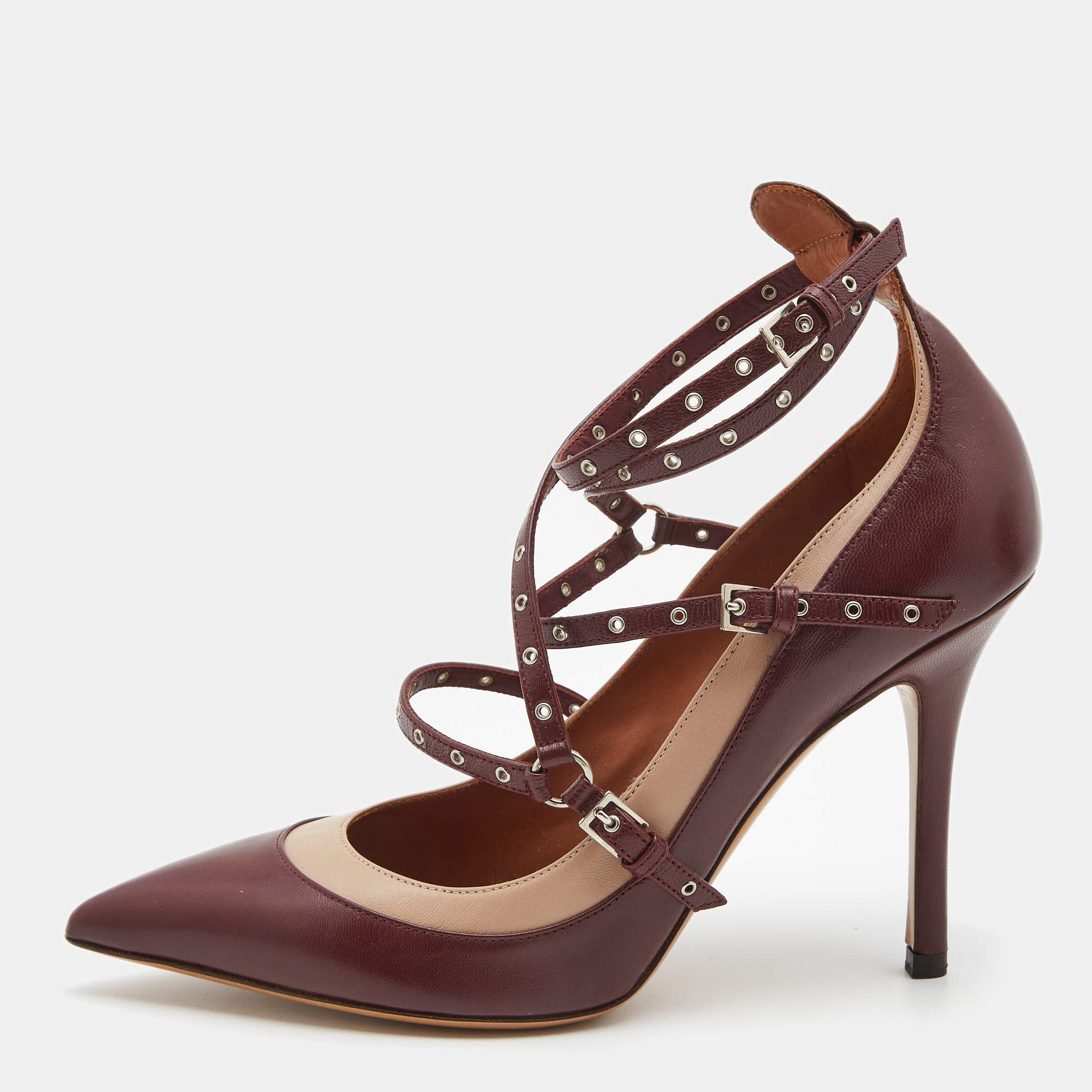 Pre Owned Valentino Burgundy Leather Love Latch Pumps Size 37.5