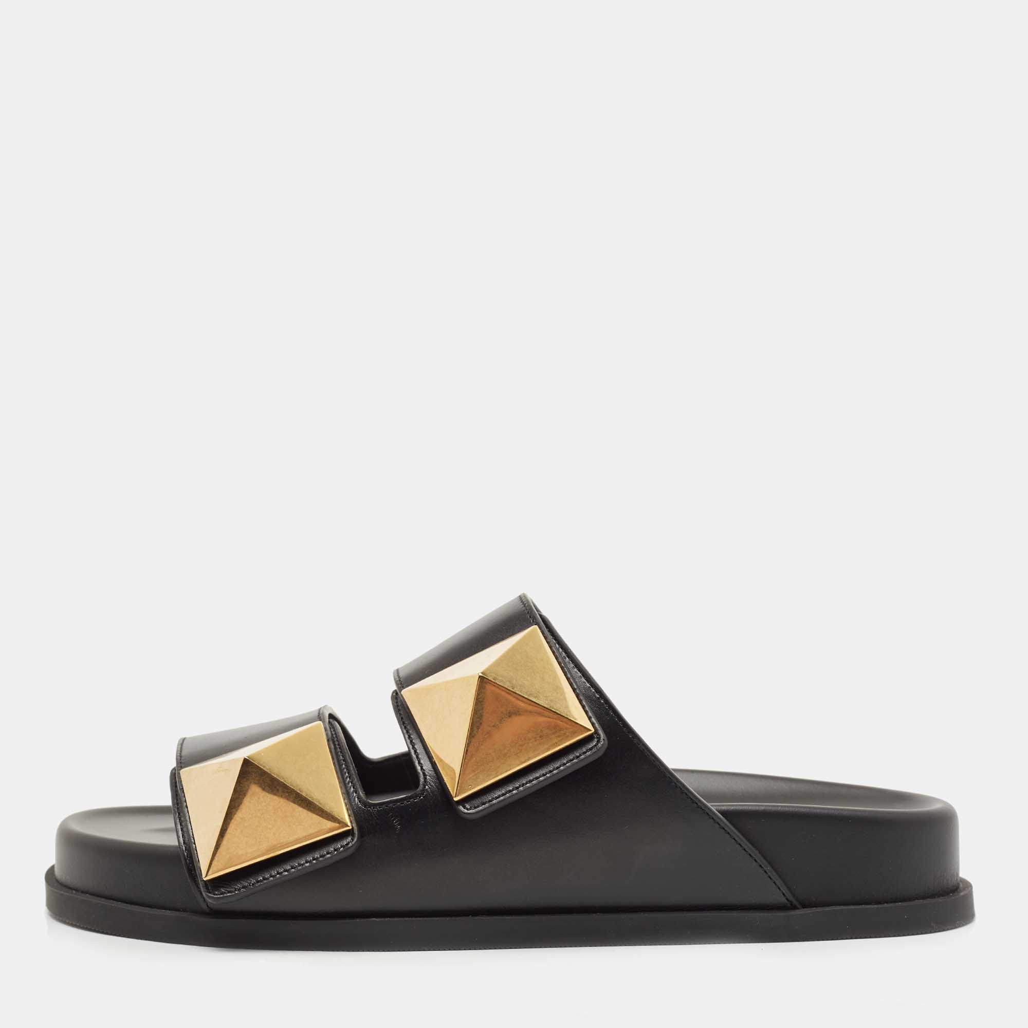 Pre Owned Valentino Black Leather Stud  Slide Flats Size 37